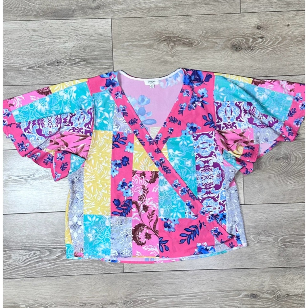 Umgee Mock Wrap Crossbody Flutter Sleeve Mixed Print Top - Picture 5 of 15